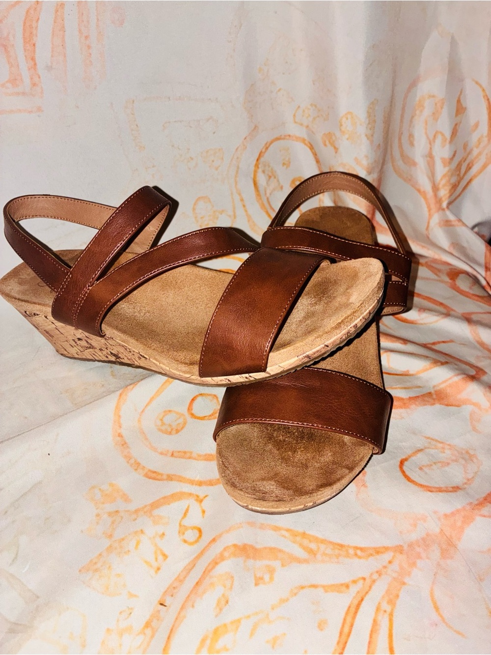 Women’s Life Stride Soft System Brown Cork Wedges- Comfortable Strappy Slide